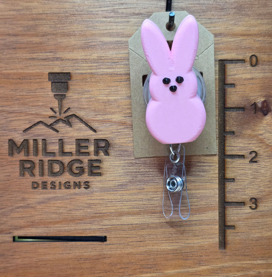 Pink "Peeps" bunny badge reel